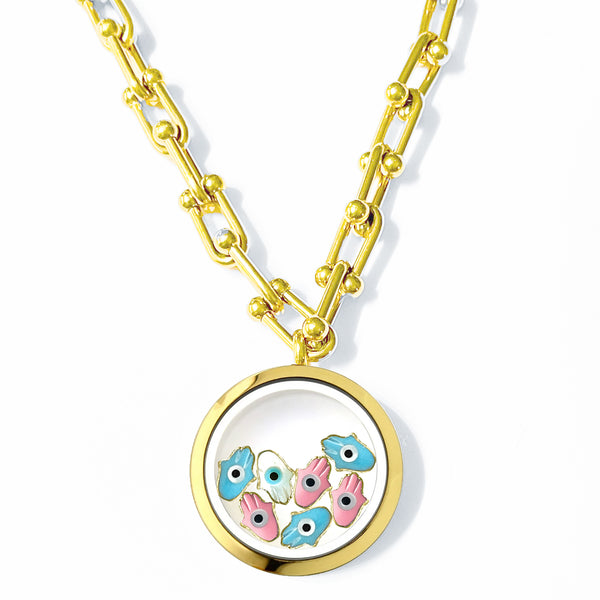 FATIMA Twins Floating Evil Eye Charms Necklace